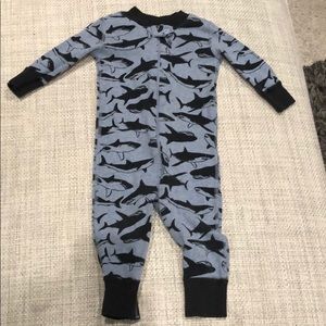 Hanna Andersson shark print zip up pajamas.